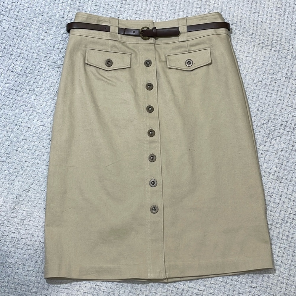 Christopher & Banks Stretch Khaki Button Up Belted Midi Skirt Size 6